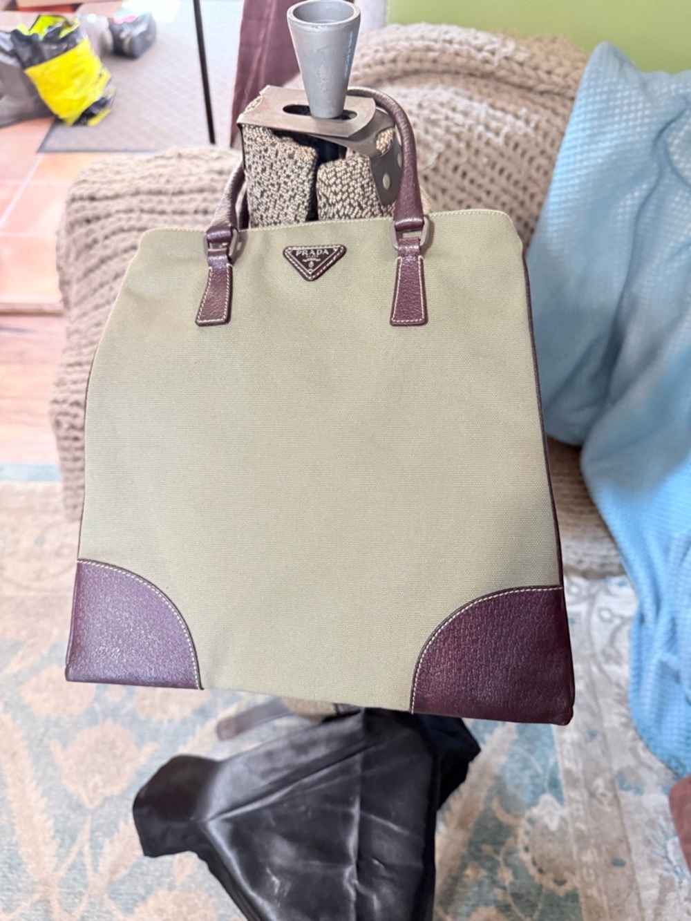 Prada Olive and Brown Canvas & Leather Tote - - Picture 7 of 14